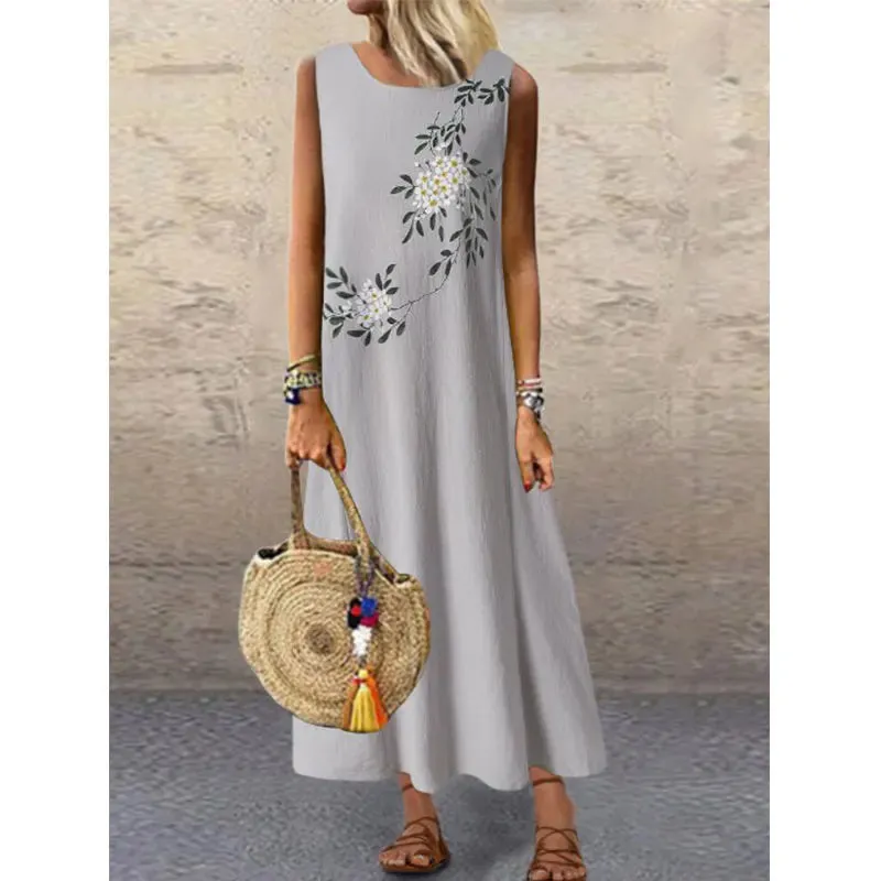 2023 Woman Summer Dress Vintage Cotton Linen Sleeveless Flowers Printed Long Dress Casual Loose Clothing Streetwear Maxi Dresses