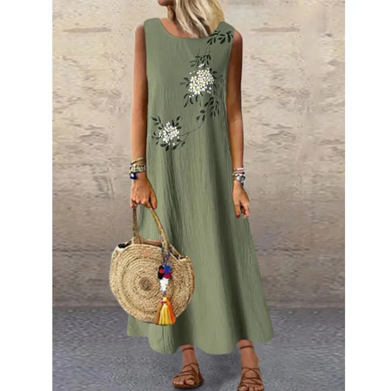 2023 Woman Summer Dress Vintage Cotton Linen Sleeveless Flowers Printed Long Dress Casual Loose Clothing Streetwear Maxi Dresses