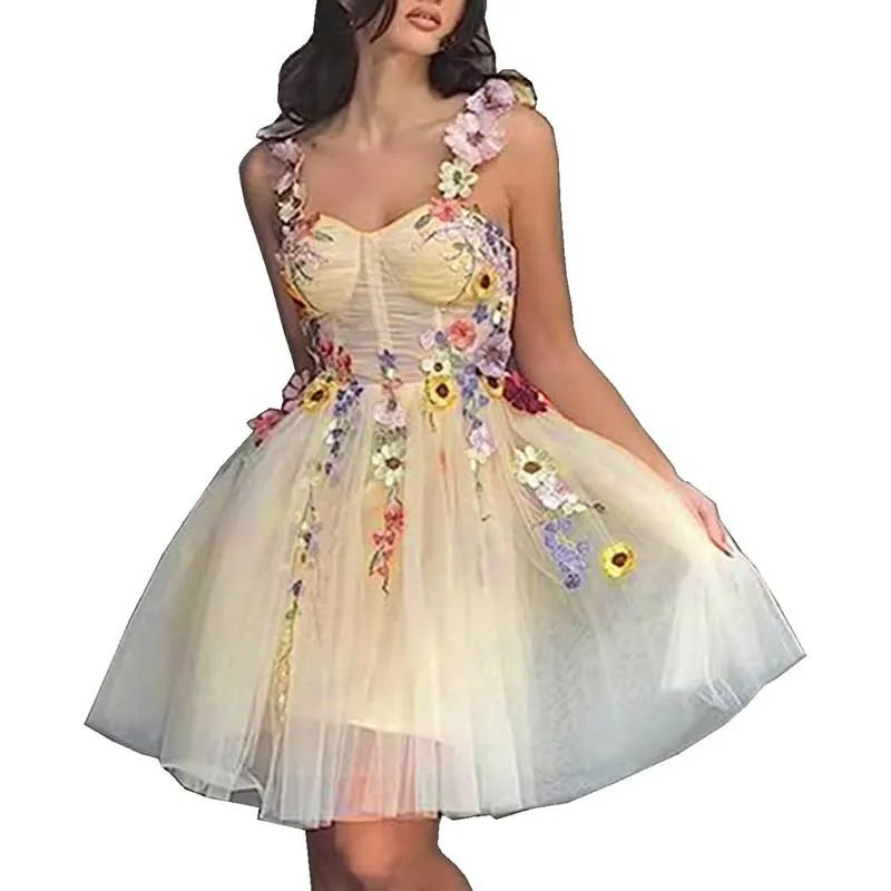 3D Flowers Spaghetti Straps Prom Dress A-line Wedding Gown Birthday Party Dress Tulle Evening Dress