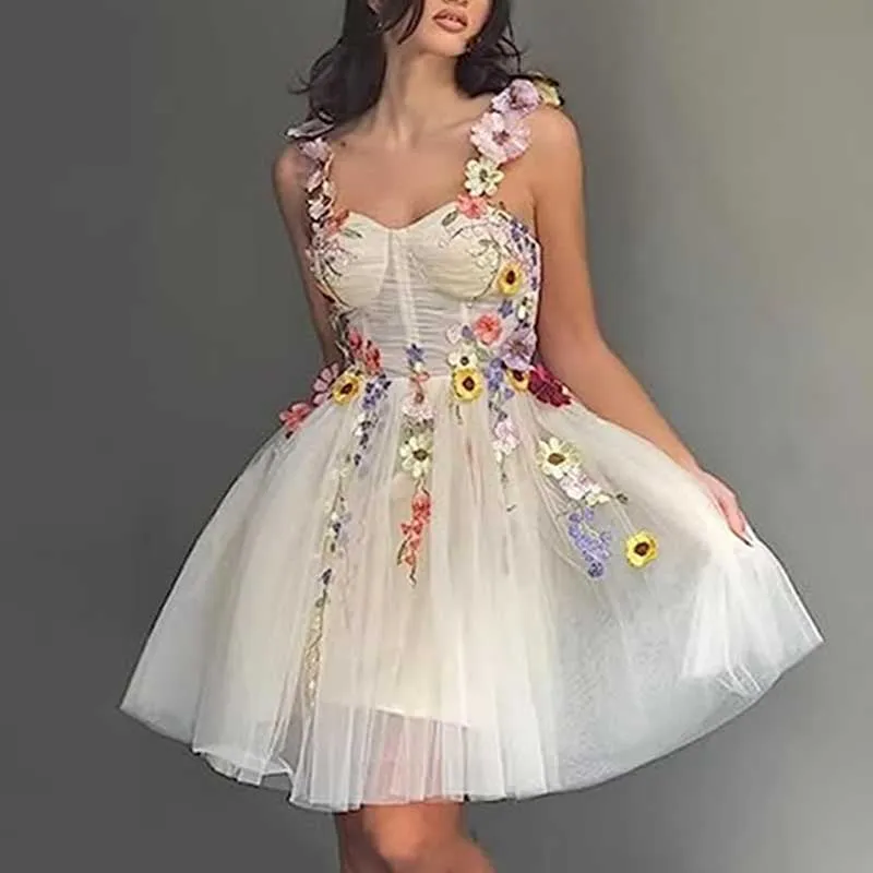 3D Flowers Spaghetti Straps Prom Dress A-line Wedding Gown Birthday Party Dress Tulle Evening Dress