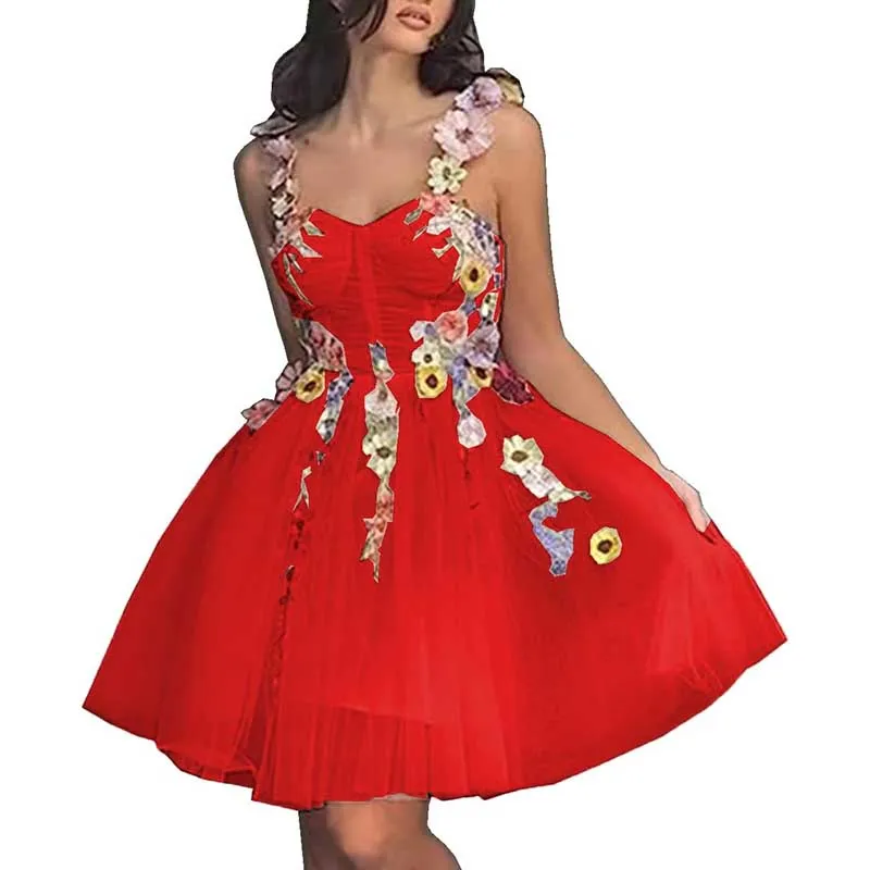 3D Flowers Spaghetti Straps Prom Dress A-line Wedding Gown Birthday Party Dress Tulle Evening Dress