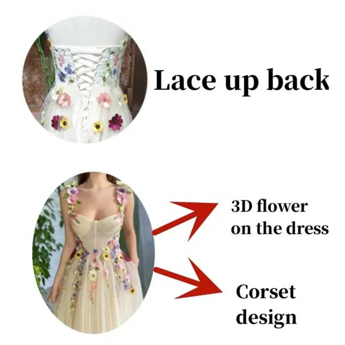 3D Flowers Spaghetti Straps Prom Dress A-line Wedding Gown Birthday Party Dress Tulle Evening Dress