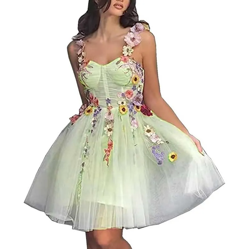 3D Flowers Spaghetti Straps Prom Dress A-line Wedding Gown Birthday Party Dress Tulle Evening Dress