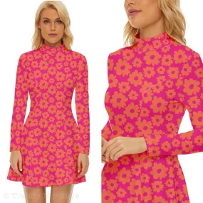 60s Dress Style, Mod Dress, Pink Mod Dress, Turtle neck dress, GOGO Dress, 60s style dress, 60s mini dress, Floral Dress, Retro Dress