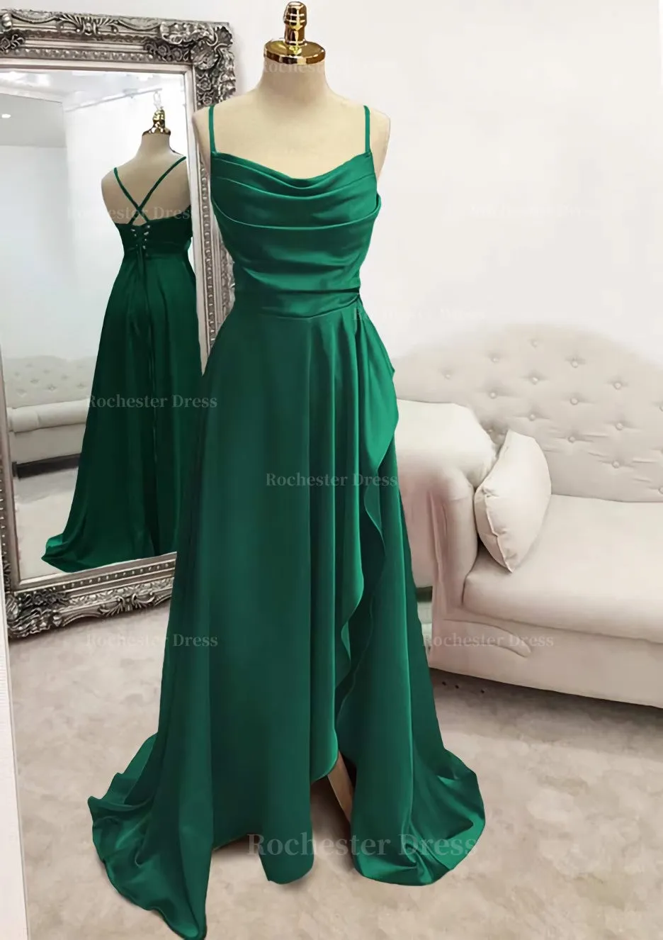 A-line Bateau Spaghetti Straps Long/Floor-Length Satin Prom Dress With Pleated Split