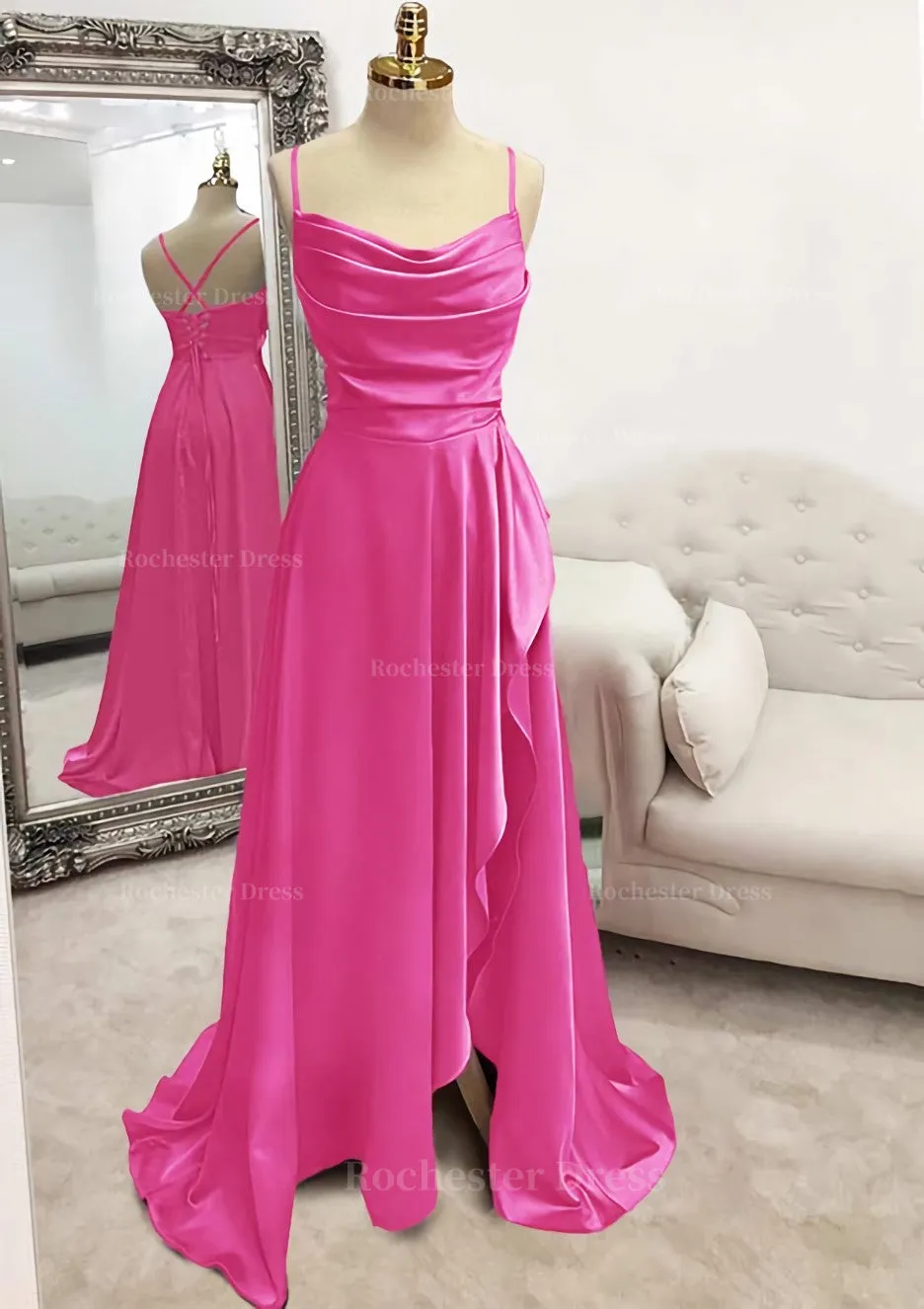 A-line Bateau Spaghetti Straps Long/Floor-Length Satin Prom Dress With Pleated Split