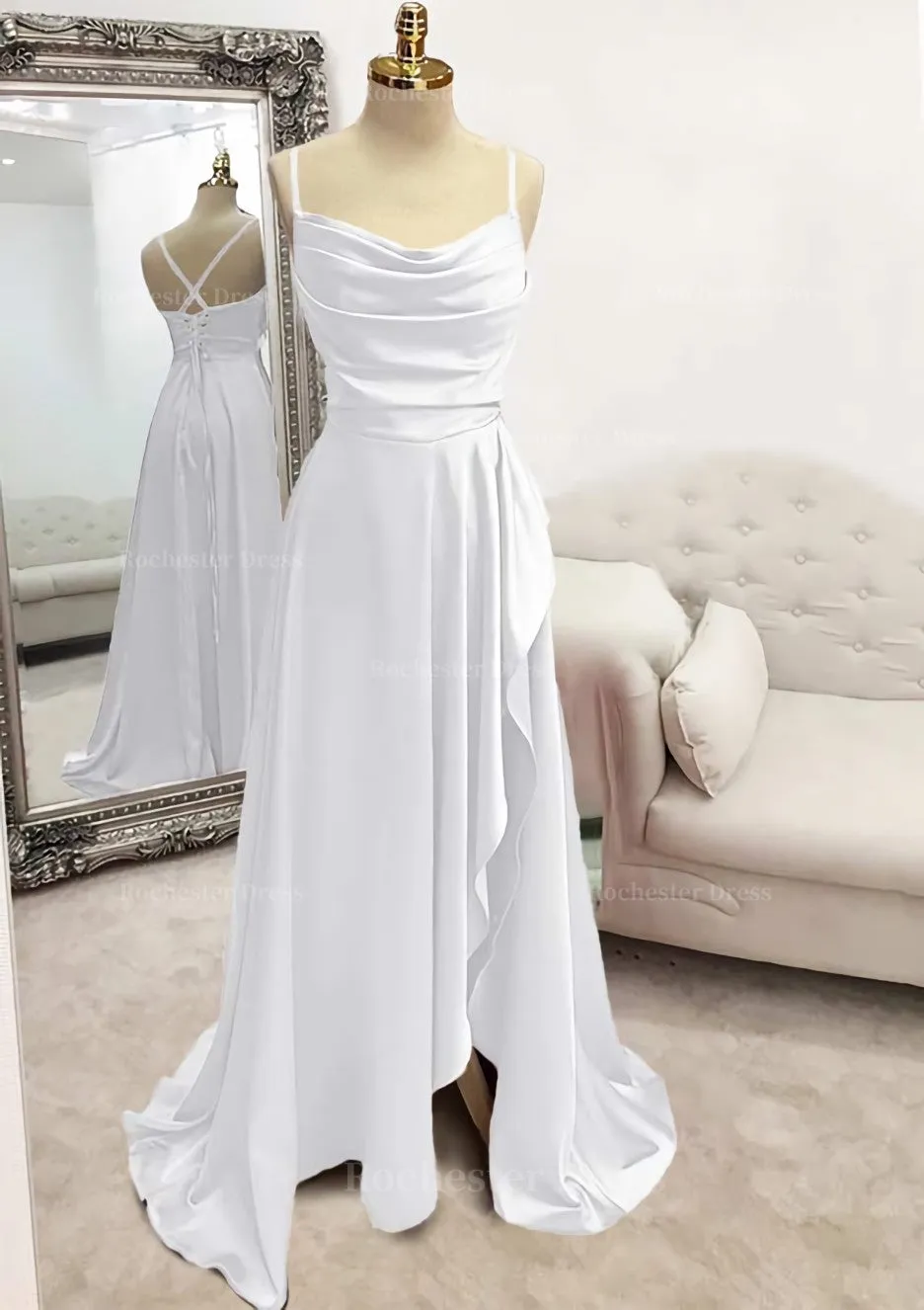 A-line Bateau Spaghetti Straps Long/Floor-Length Satin Prom Dress With Pleated Split