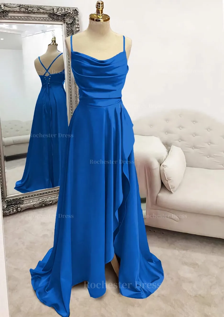 A-line Bateau Spaghetti Straps Long/Floor-Length Satin Prom Dress With Pleated Split