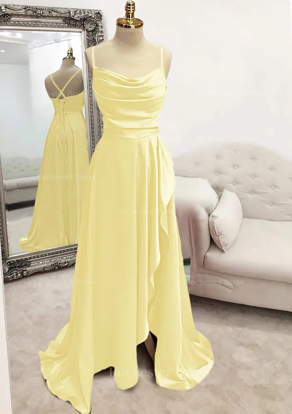 A-line Bateau Spaghetti Straps Long/Floor-Length Satin Prom Dress With Pleated Split