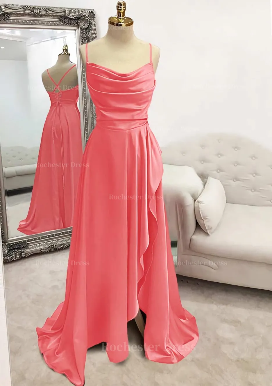 A-line Bateau Spaghetti Straps Long/Floor-Length Satin Prom Dress With Pleated Split