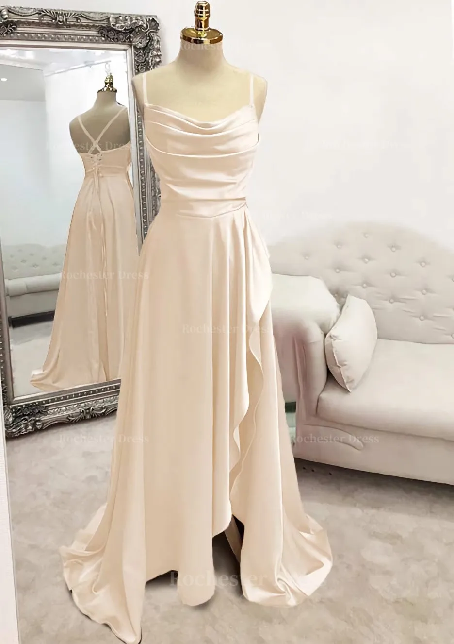 A-line Bateau Spaghetti Straps Long/Floor-Length Satin Prom Dress With Pleated Split