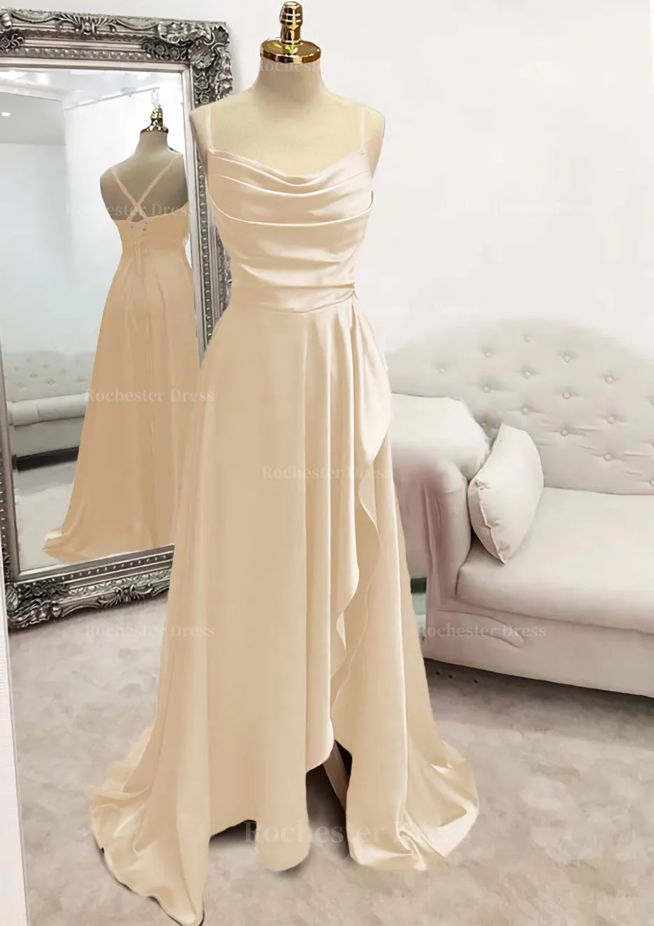 A-line Bateau Spaghetti Straps Long/Floor-Length Satin Prom Dress With Pleated Split