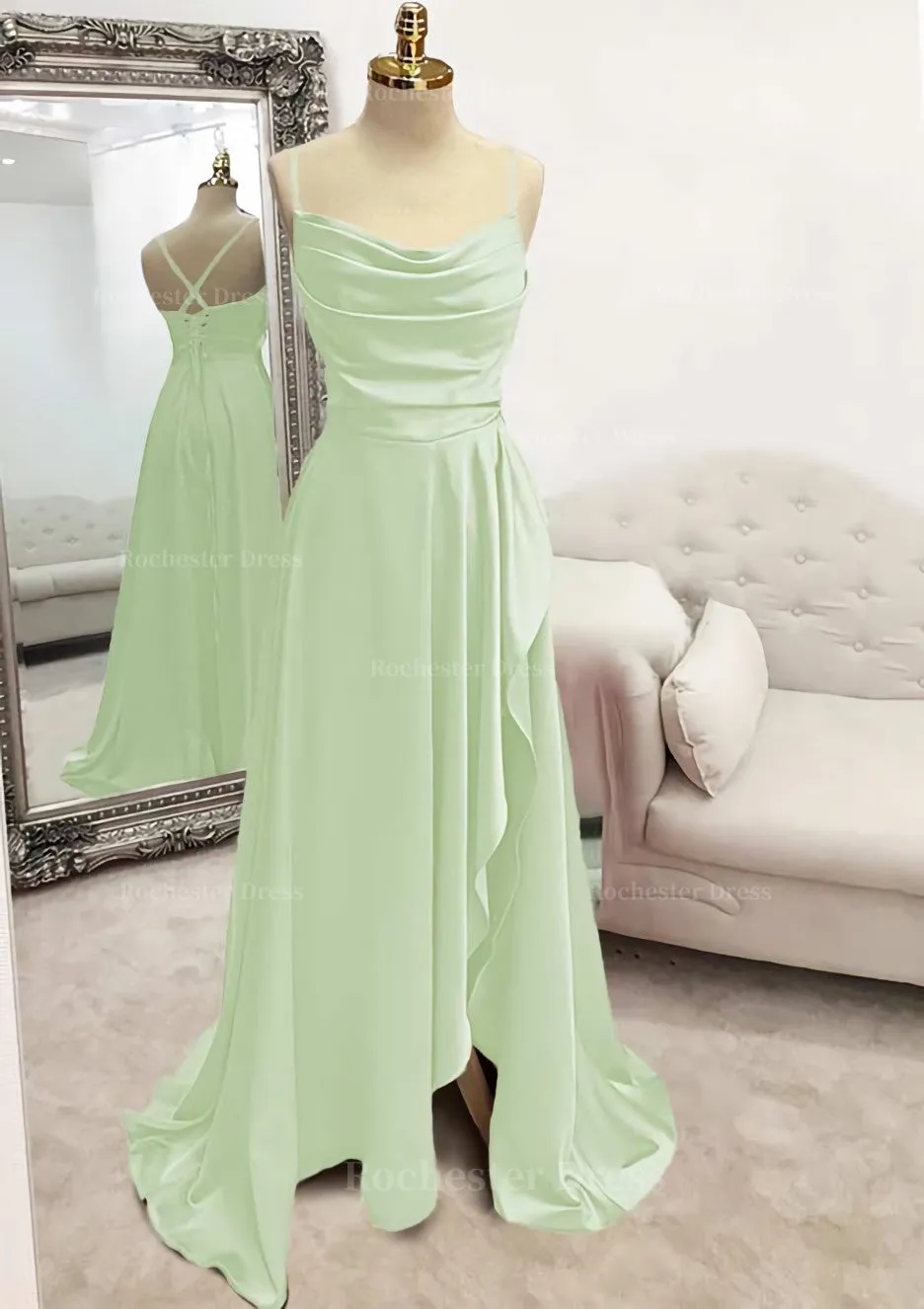 A-line Bateau Spaghetti Straps Long/Floor-Length Satin Prom Dress With Pleated Split