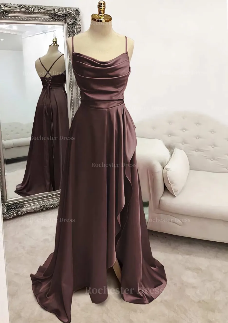 A-line Bateau Spaghetti Straps Long/Floor-Length Satin Prom Dress With Pleated Split