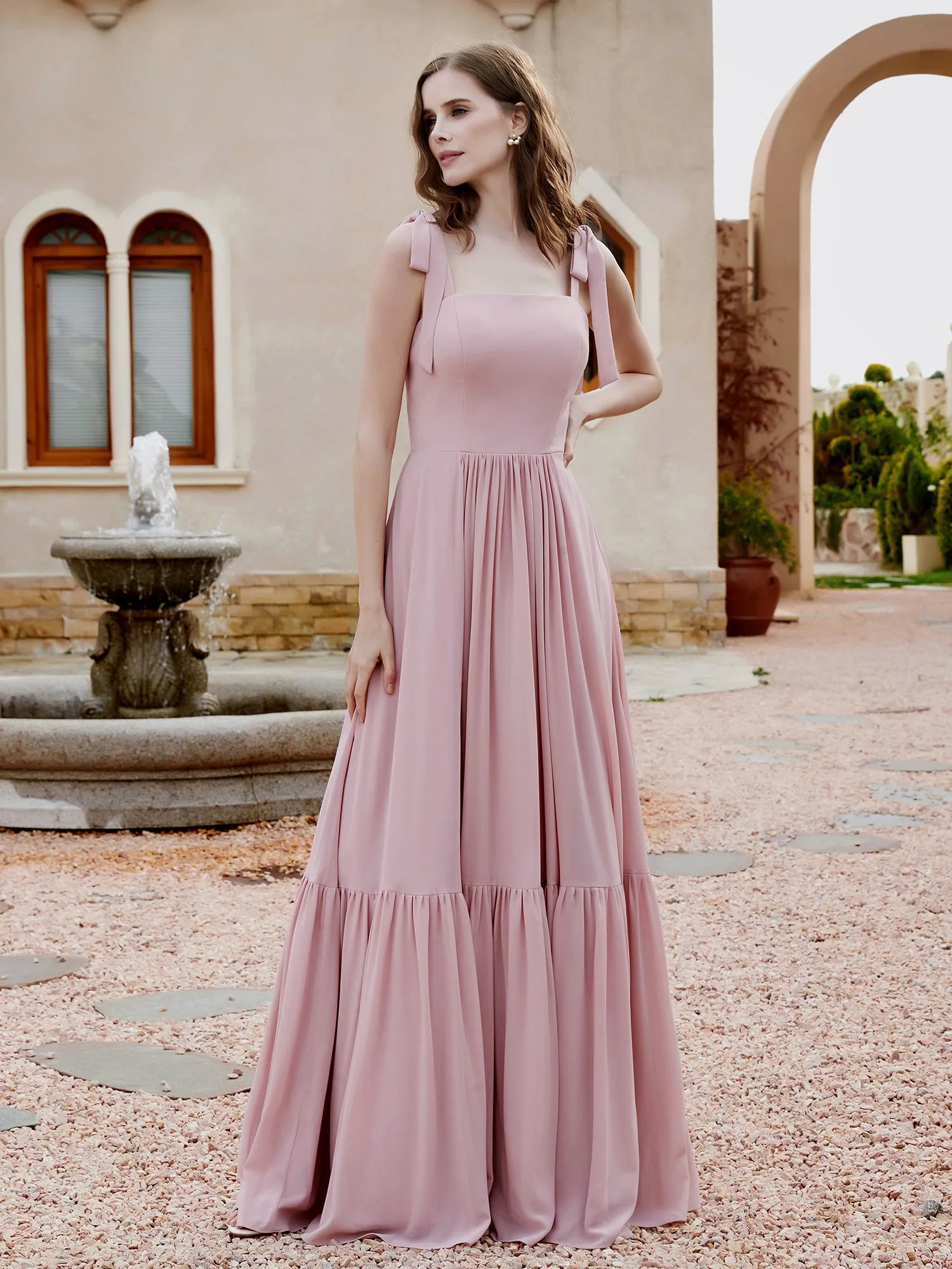 A-Line Bow Ruffle Sleeveless Chiffon Dress Dusty Rose