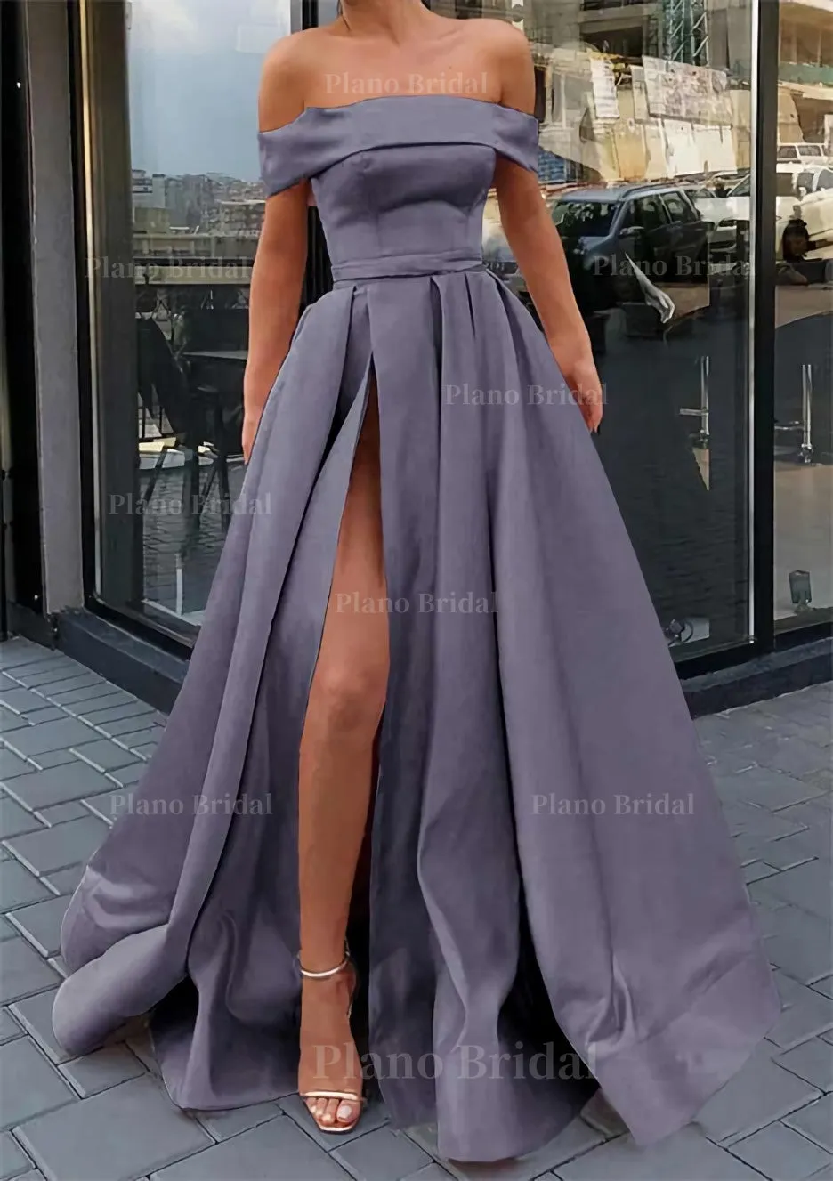 A-line Off-the-Shoulder Sleeveless Long/Floor-Length Satin Prom Dress With Split