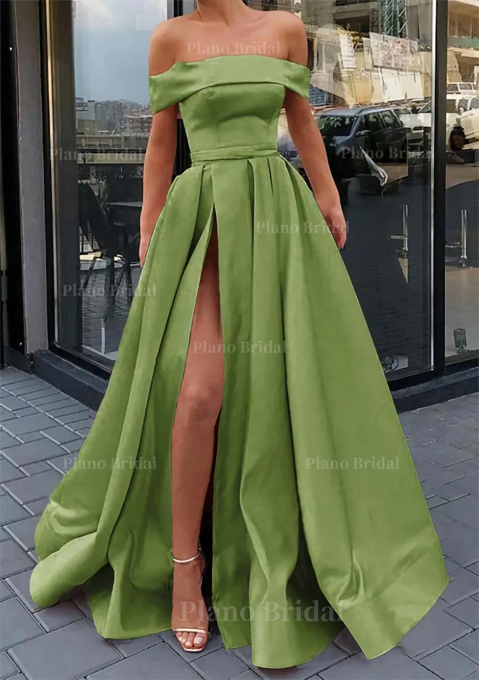 A-line Off-the-Shoulder Sleeveless Long/Floor-Length Satin Prom Dress With Split