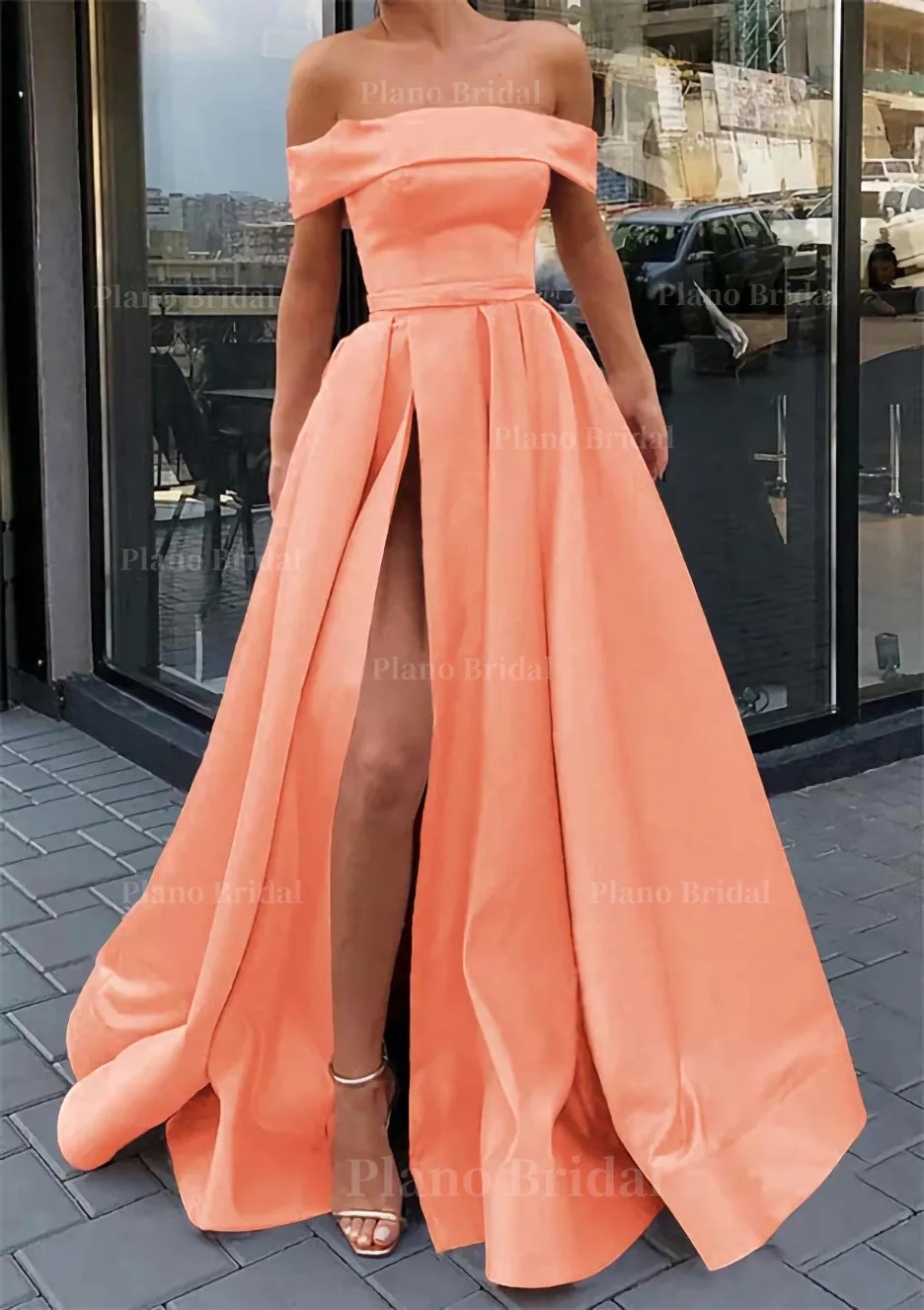 A-line Off-the-Shoulder Sleeveless Long/Floor-Length Satin Prom Dress With Split