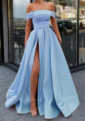 A-line Off-the-Shoulder Sleeveless Long/Floor-Length Satin Prom Dress With Split