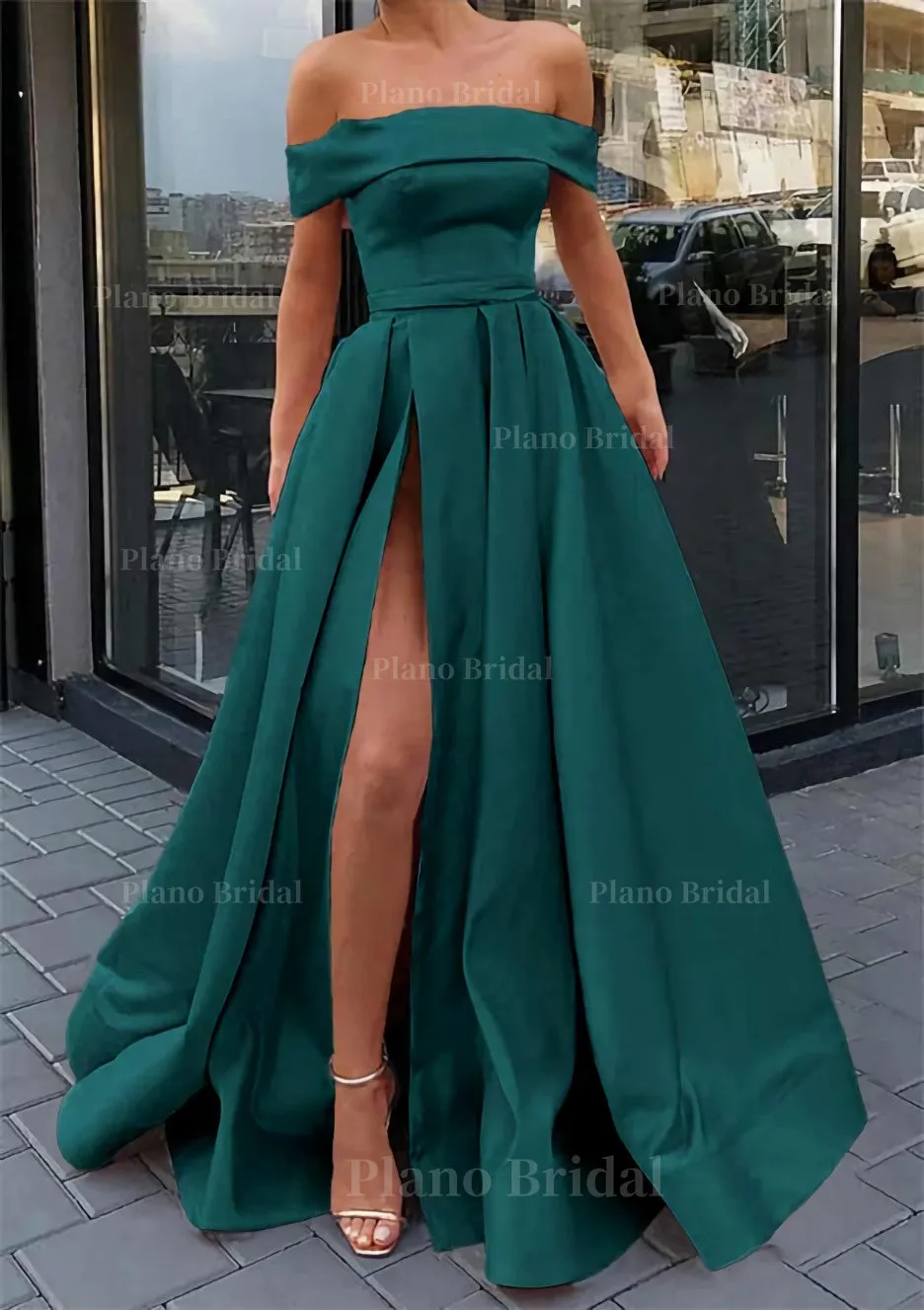 A-line Off-the-Shoulder Sleeveless Long/Floor-Length Satin Prom Dress With Split