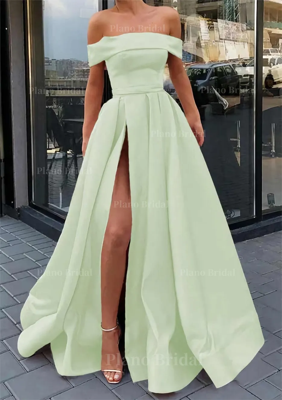 A-line Off-the-Shoulder Sleeveless Long/Floor-Length Satin Prom Dress With Split