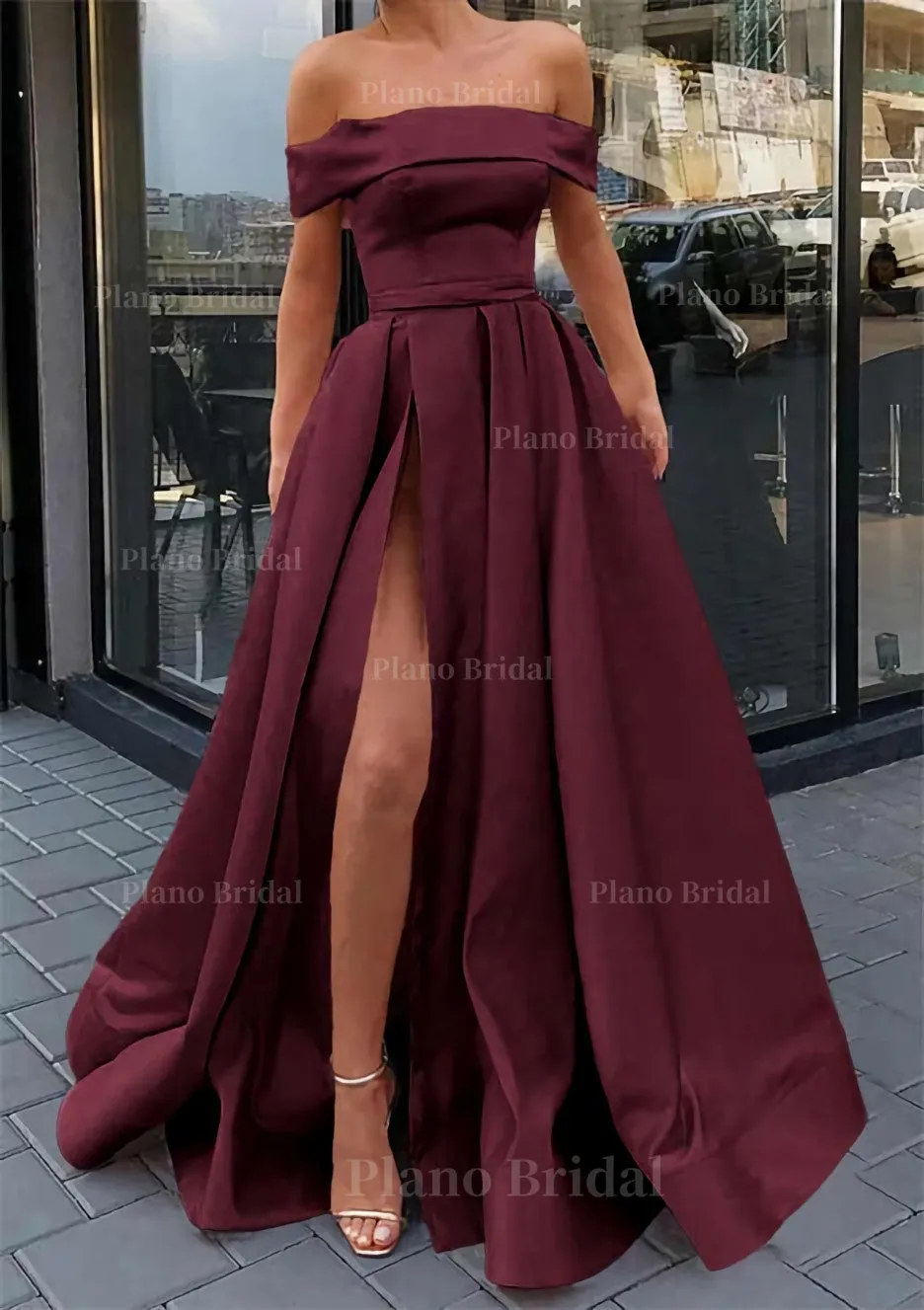 A-line Off-the-Shoulder Sleeveless Long/Floor-Length Satin Prom Dress With Split