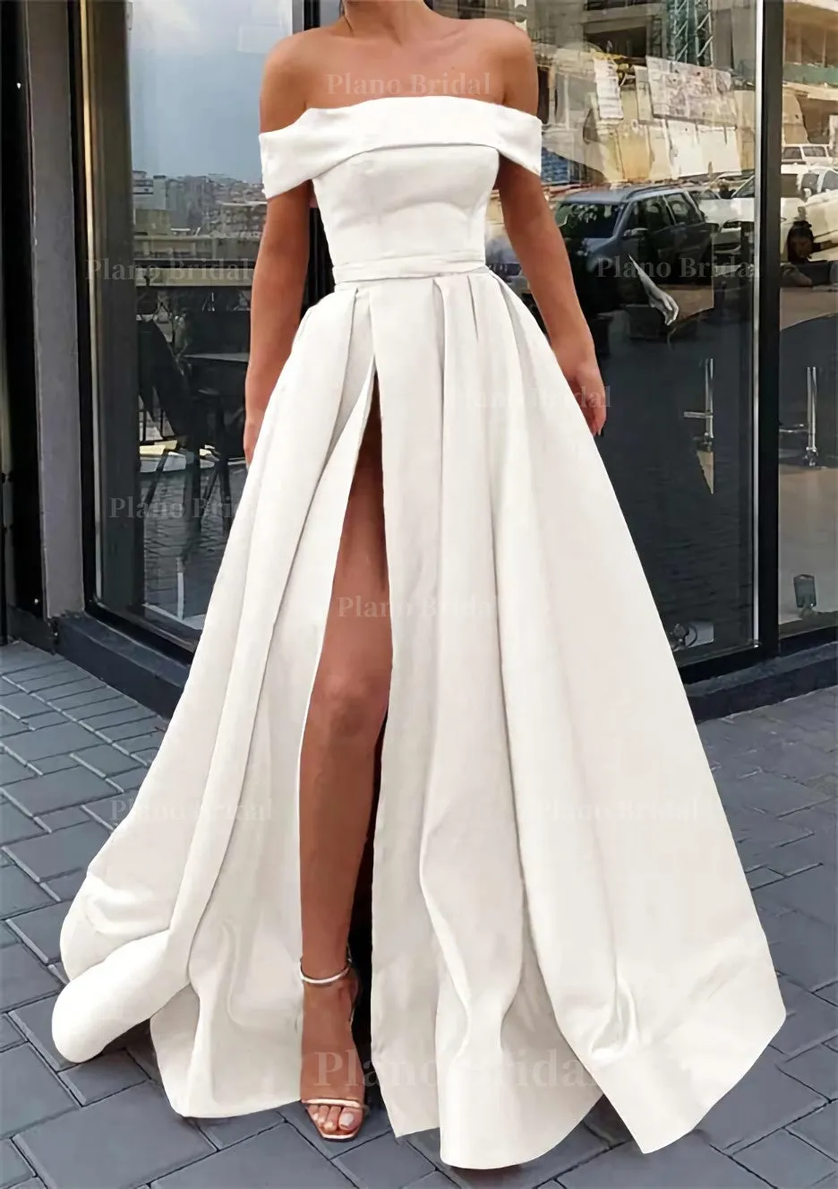 A-line Off-the-Shoulder Sleeveless Long/Floor-Length Satin Prom Dress With Split