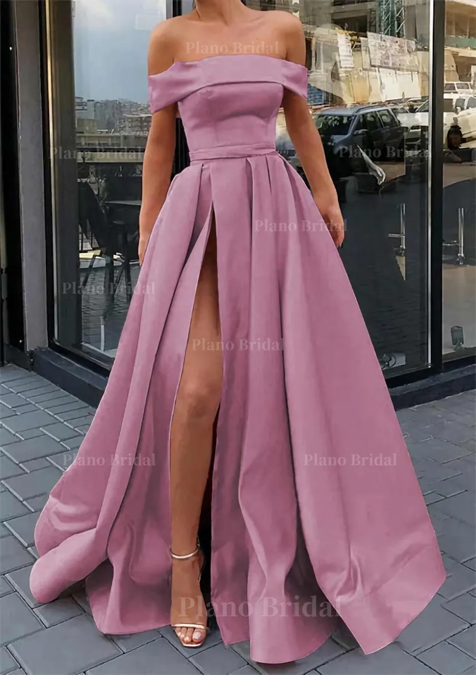 A-line Off-the-Shoulder Sleeveless Long/Floor-Length Satin Prom Dress With Split