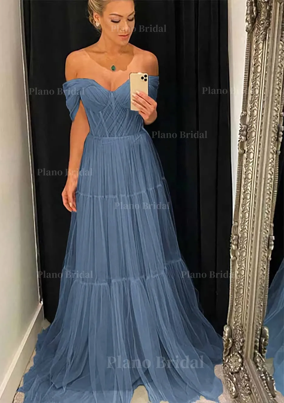 A-line Off-the-Shoulder Sleeveless Sweep Train Tulle Prom Dress With Pleated