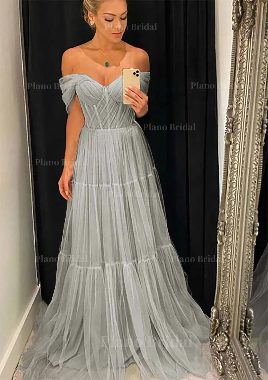 A-line Off-the-Shoulder Sleeveless Sweep Train Tulle Prom Dress With Pleated