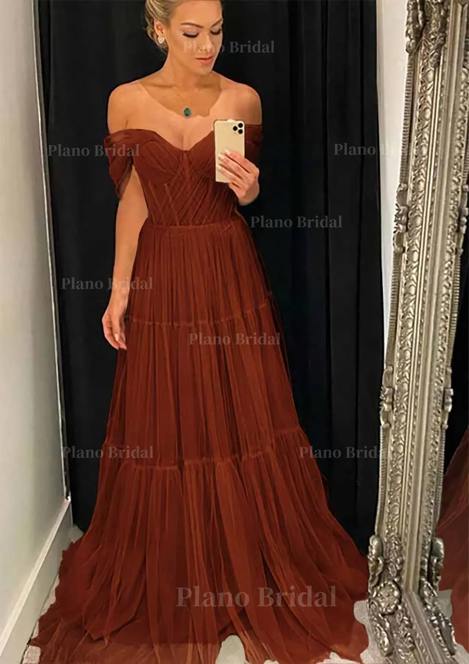 A-line Off-the-Shoulder Sleeveless Sweep Train Tulle Prom Dress With Pleated