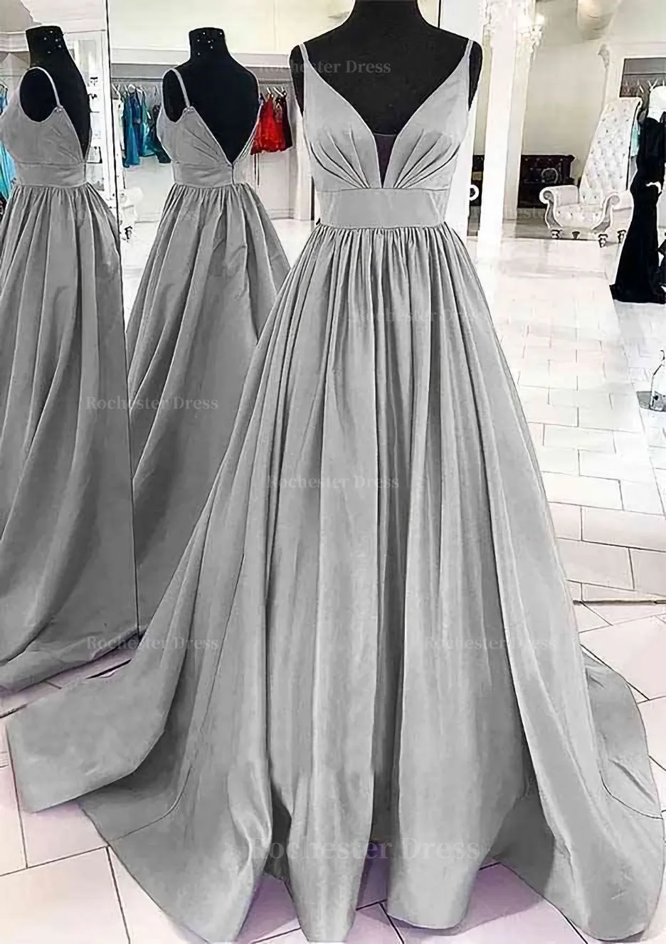 A-line V Neck Sleeveless Satin Sweep Train Prom Dress With Pleated