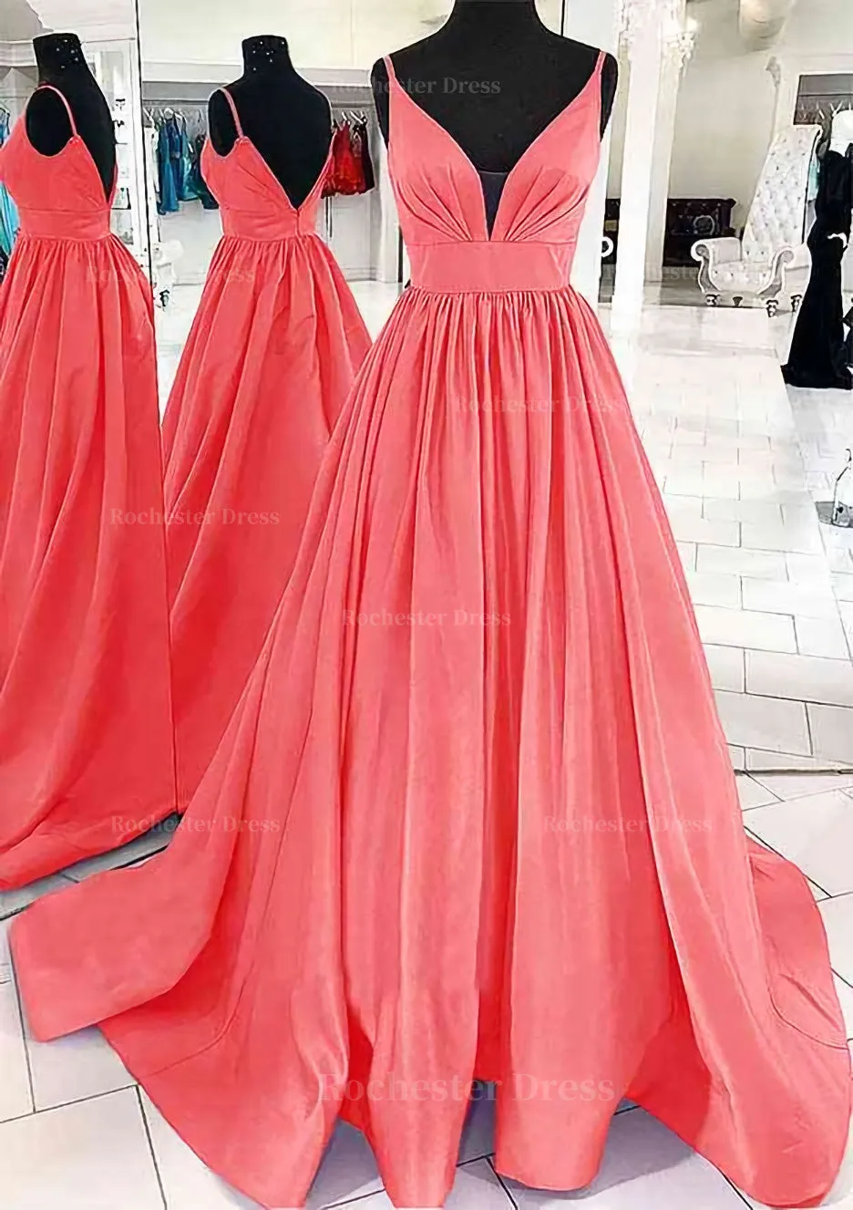 A-line V Neck Sleeveless Satin Sweep Train Prom Dress With Pleated