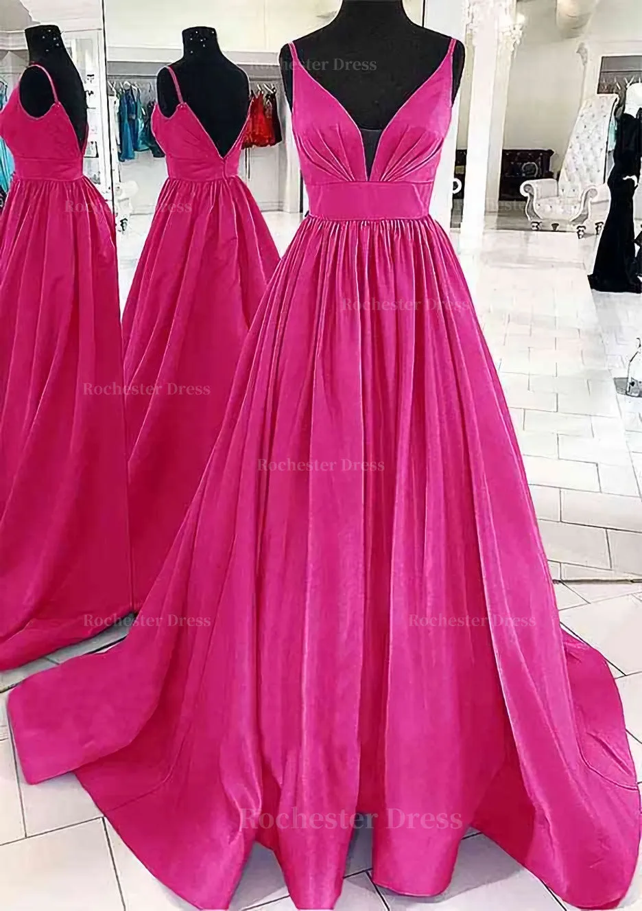 A-line V Neck Sleeveless Satin Sweep Train Prom Dress With Pleated