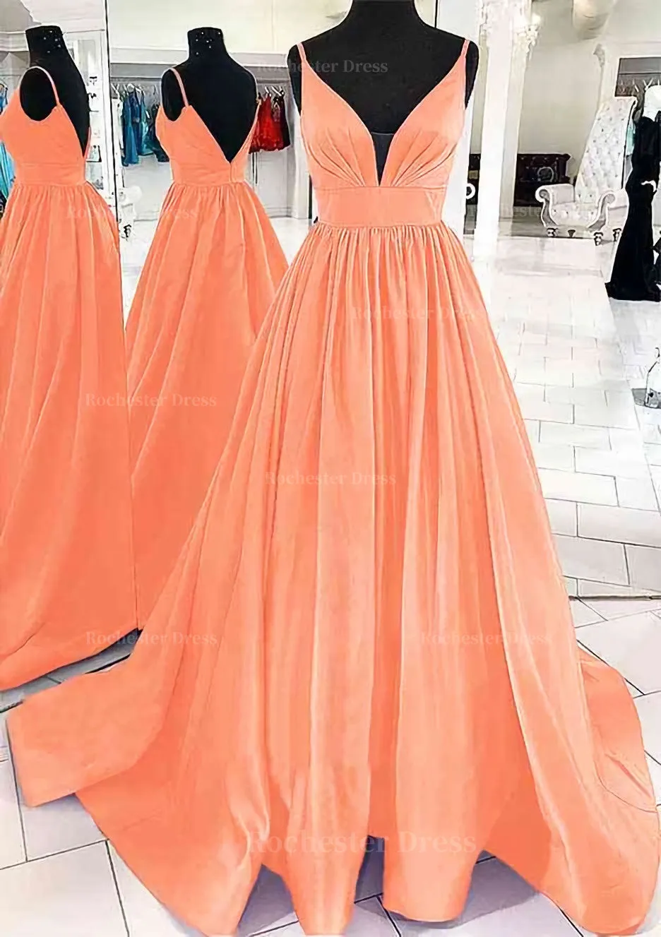 A-line V Neck Sleeveless Satin Sweep Train Prom Dress With Pleated