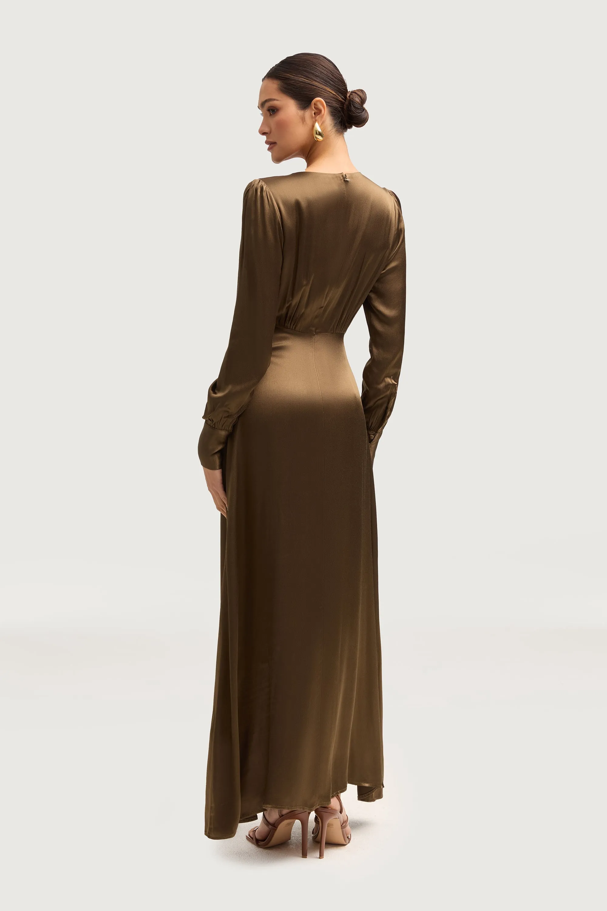 Aafiyat Button Front Silk Maxi Dress - Olive Night