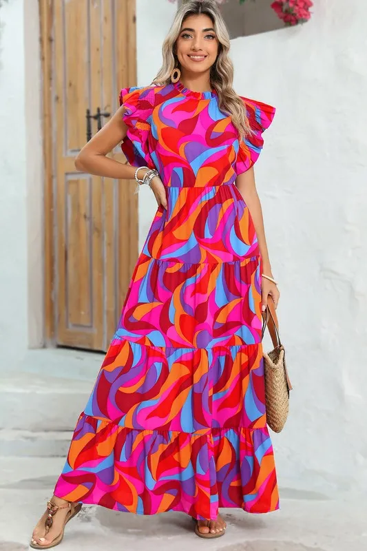 Abstract Print High Waist Ruffle Tiered Maxi Dress