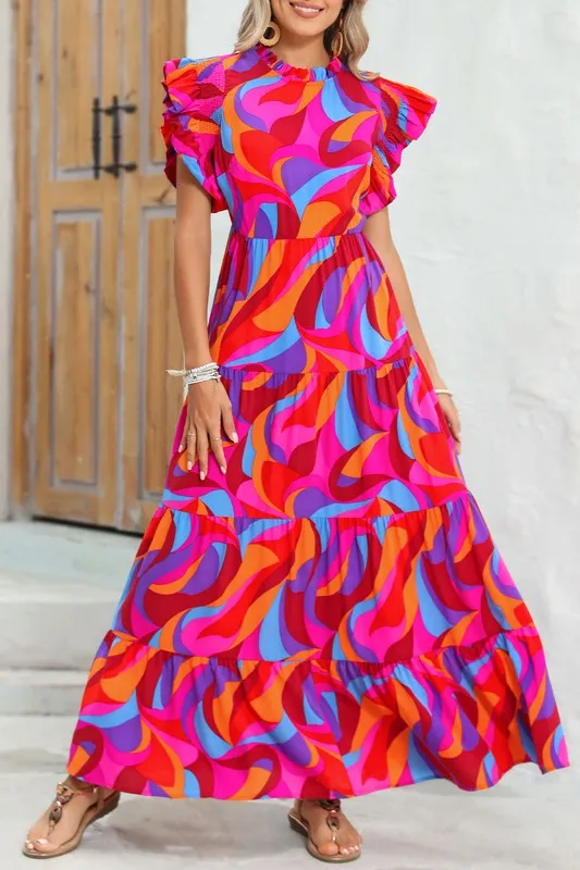 Abstract Print High Waist Ruffle Tiered Maxi Dress