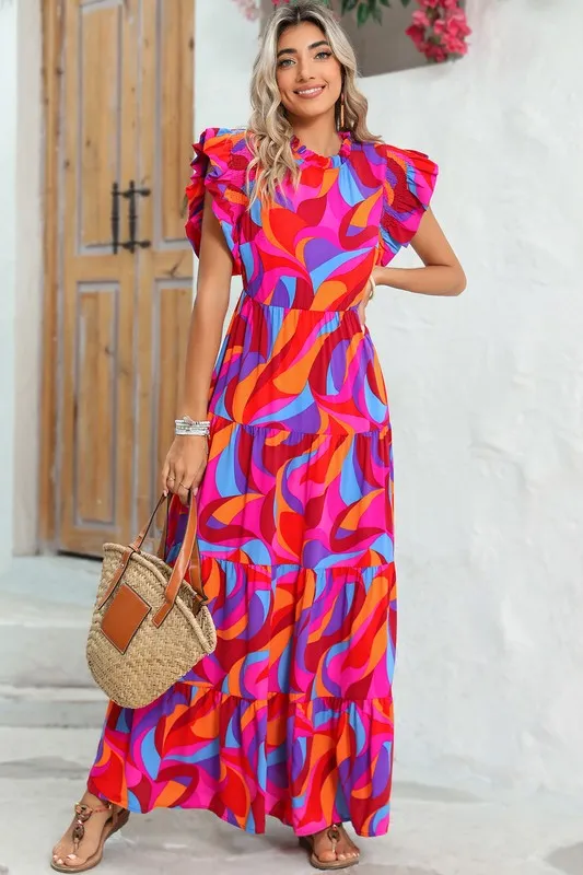 Abstract Print High Waist Ruffle Tiered Maxi Dress