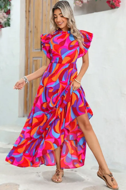 Abstract Print High Waist Ruffle Tiered Maxi Dress