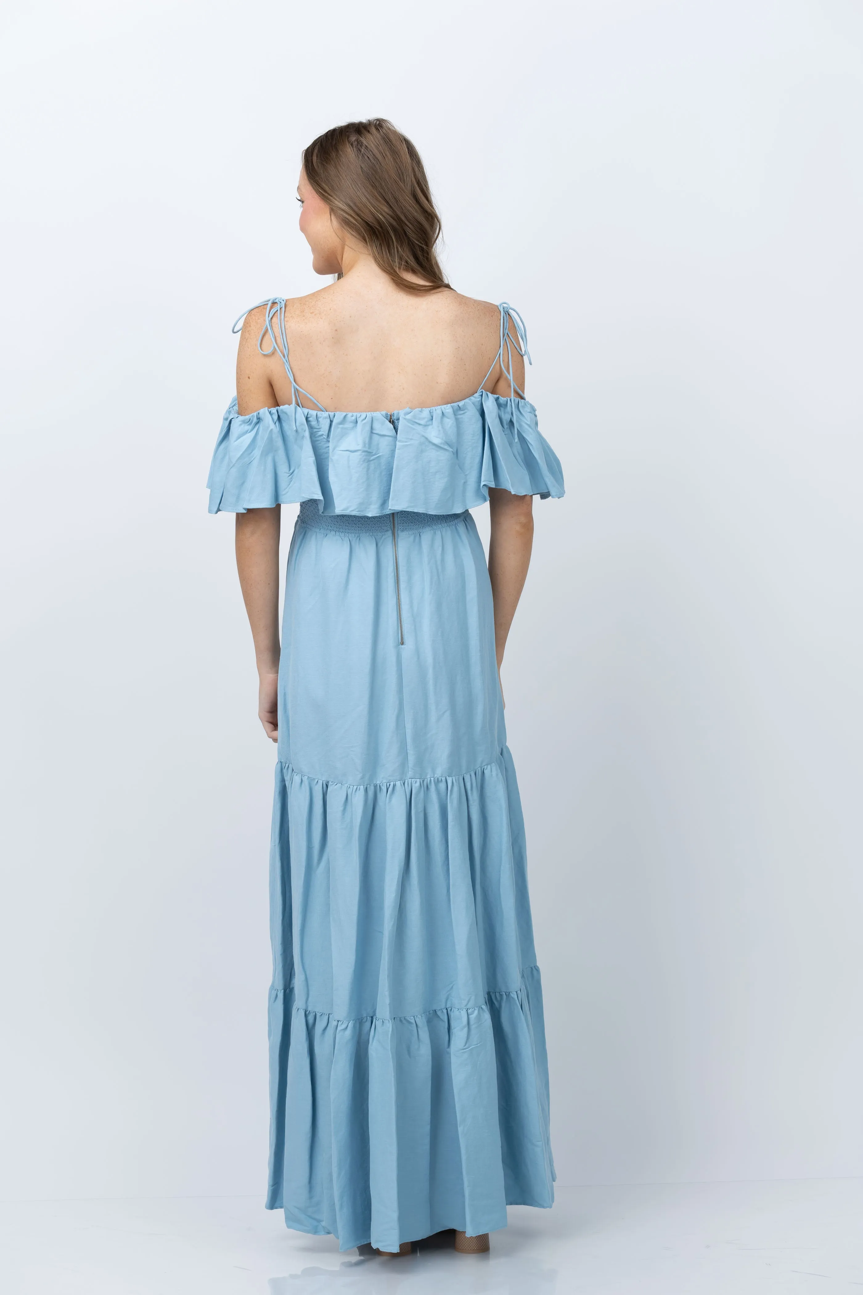 Alice   Olivia Kia Off the Shoulder Tiered Maxi Dress in Mineral Blue