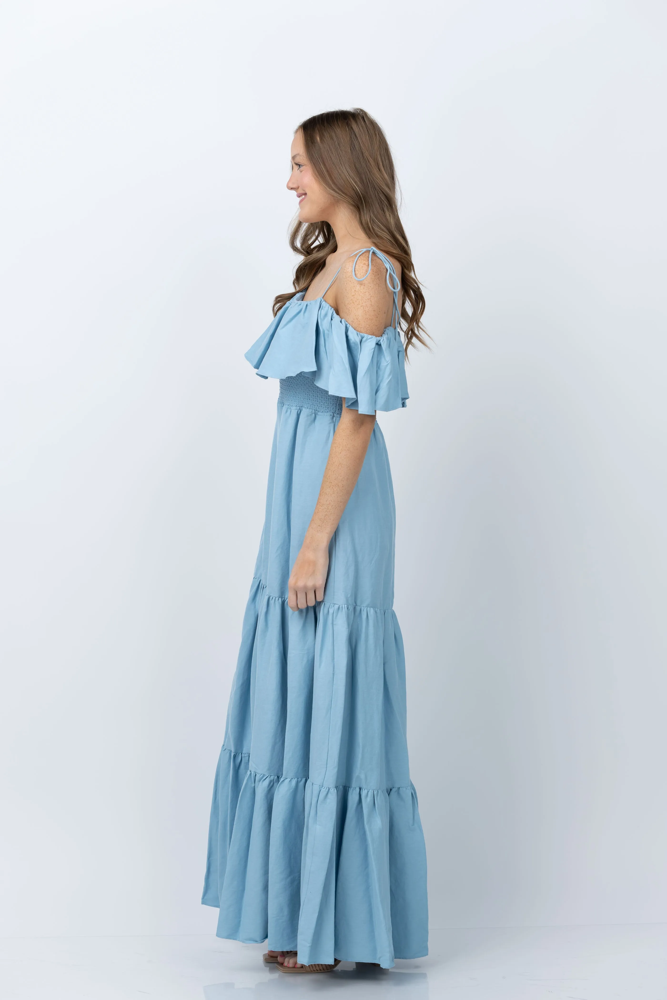 Alice   Olivia Kia Off the Shoulder Tiered Maxi Dress in Mineral Blue