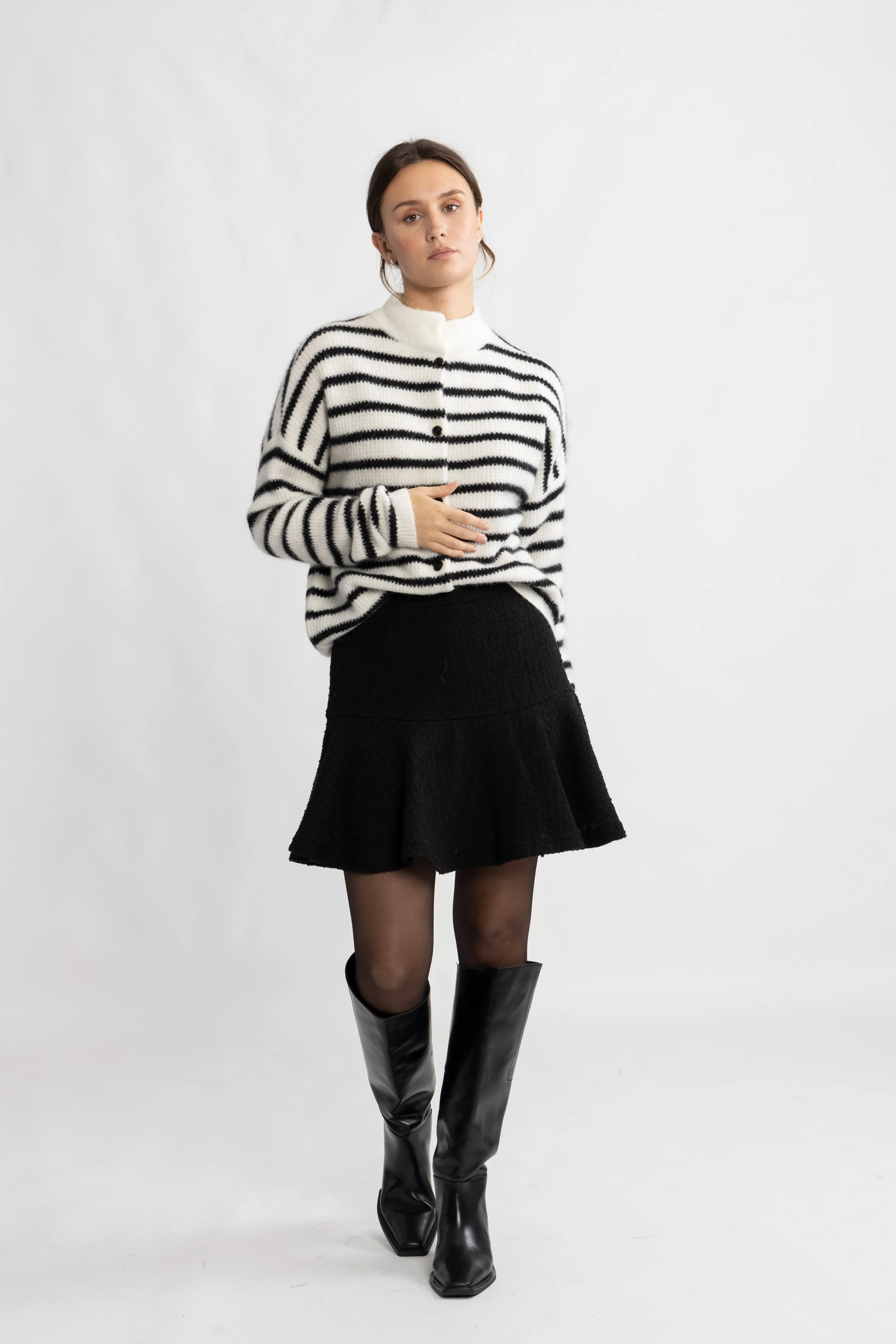 AlphaGZ Short Cardigan - Ivory Black Striped