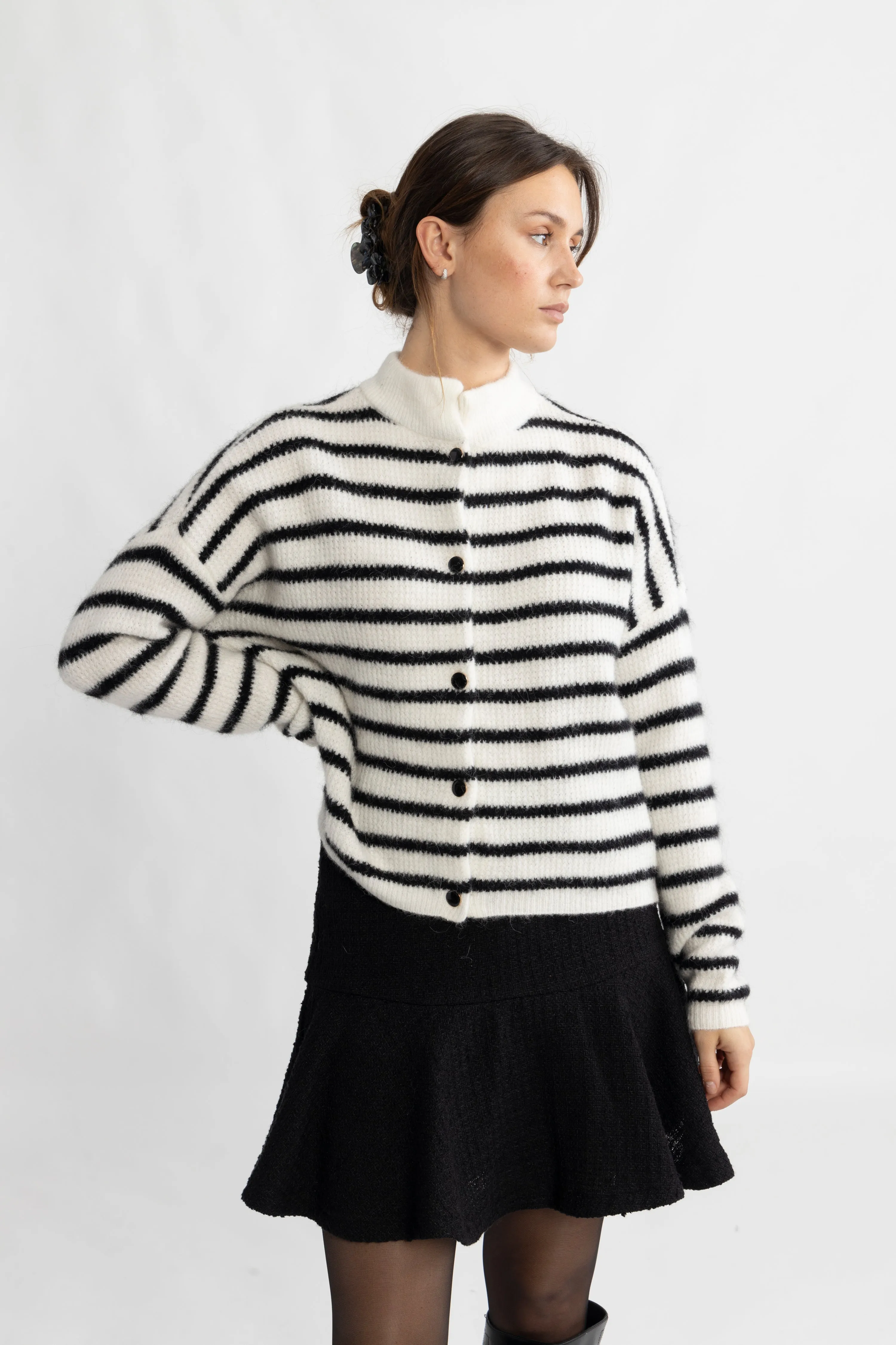 AlphaGZ Short Cardigan - Ivory Black Striped