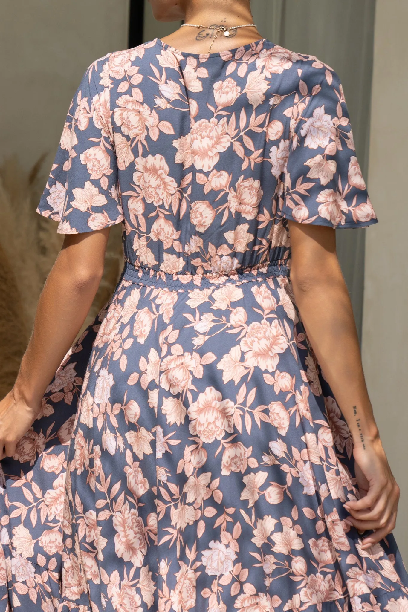 Amarante Navy Peach Floral Boho V-Neck Midi Dress