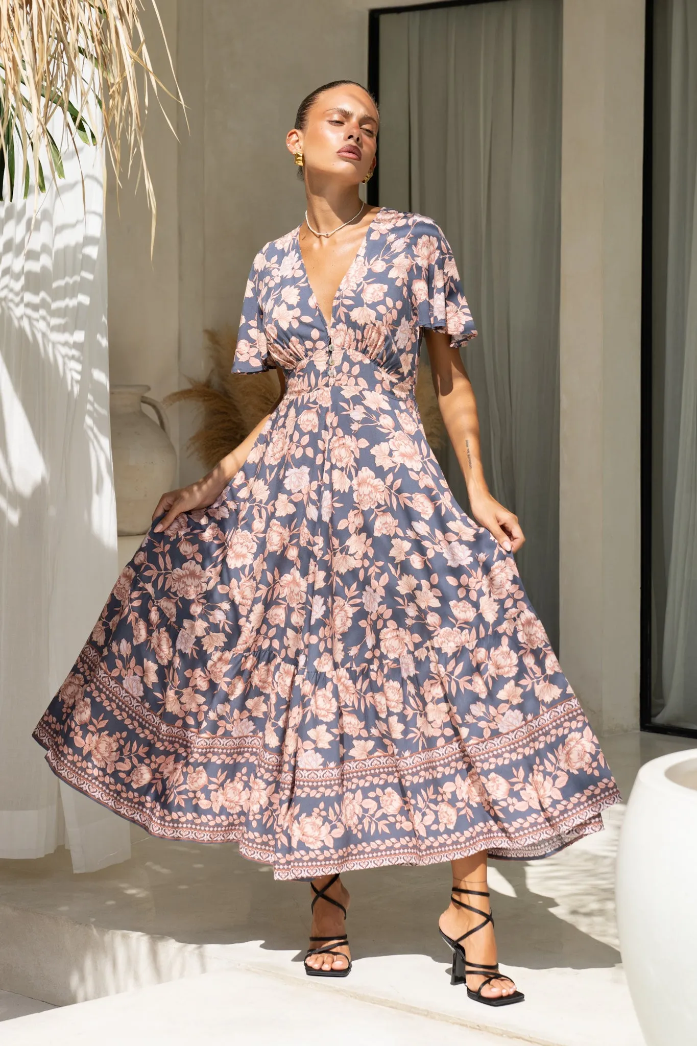 Amarante Navy Peach Floral Boho V-Neck Midi Dress