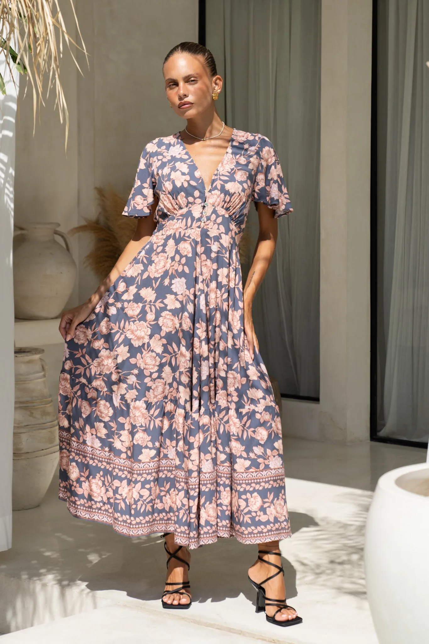 Amarante Navy Peach Floral Boho V-Neck Midi Dress