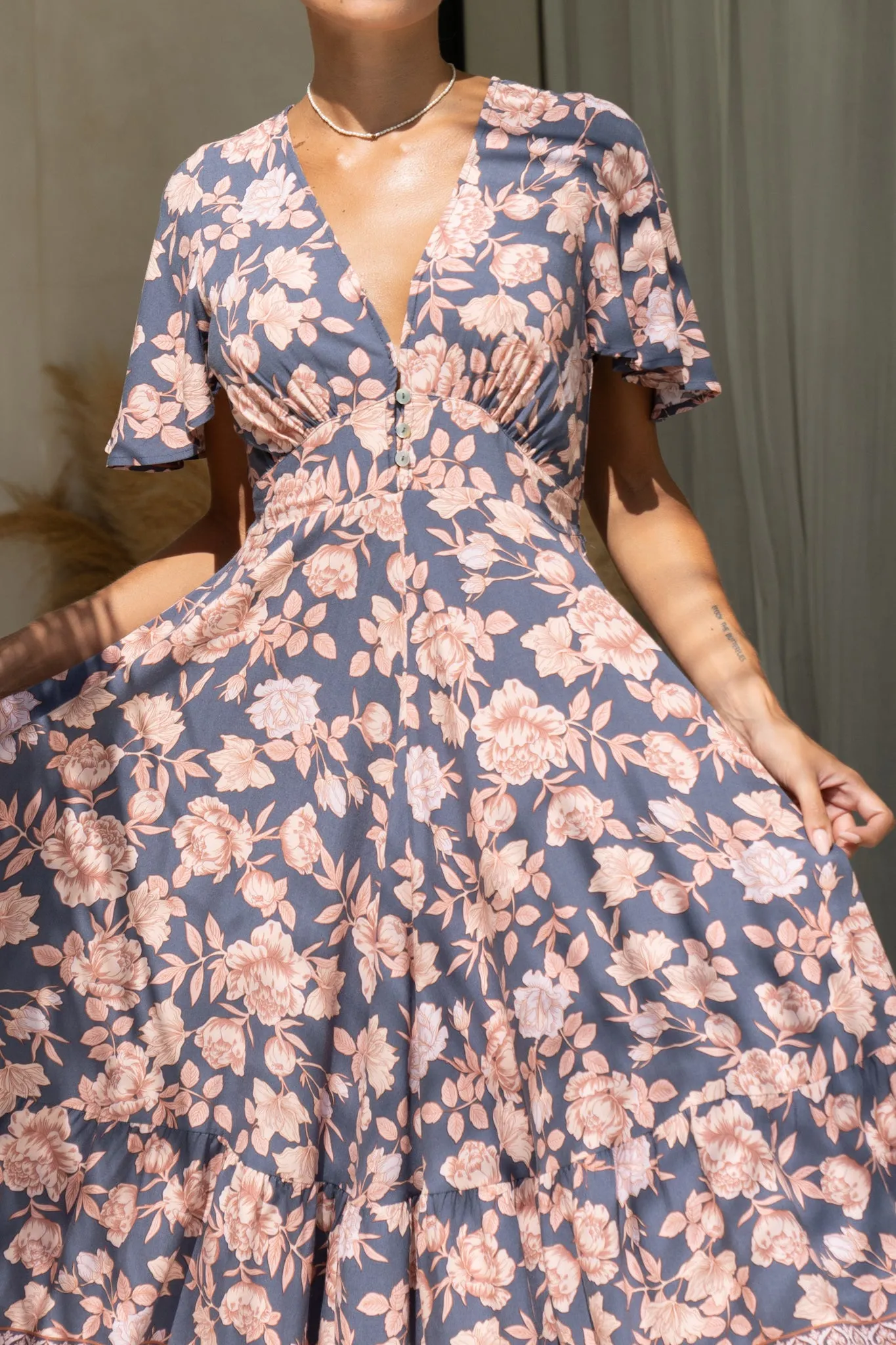 Amarante Navy Peach Floral Boho V-Neck Midi Dress