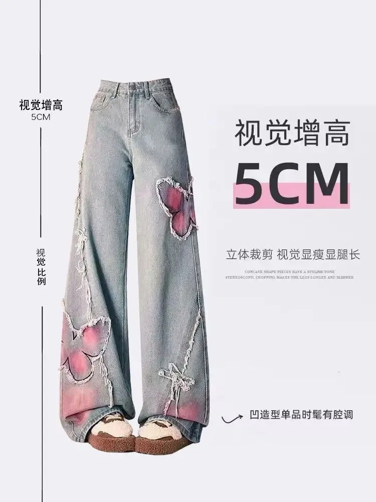 American Tie-dye Butterfly Embroidery Raw-edge Jeans for Women Fashion Street Hot Girl Wide Leg Pants Y2k Loose Mopping Pants