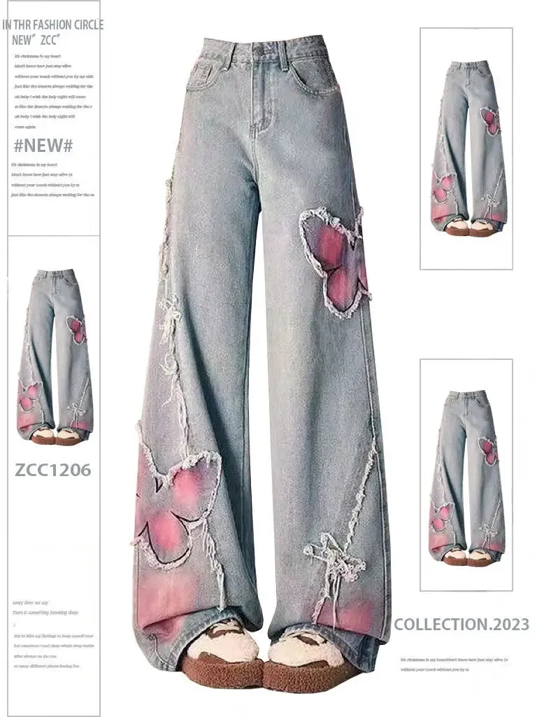 American Tie-dye Butterfly Embroidery Raw-edge Jeans for Women Fashion Street Hot Girl Wide Leg Pants Y2k Loose Mopping Pants